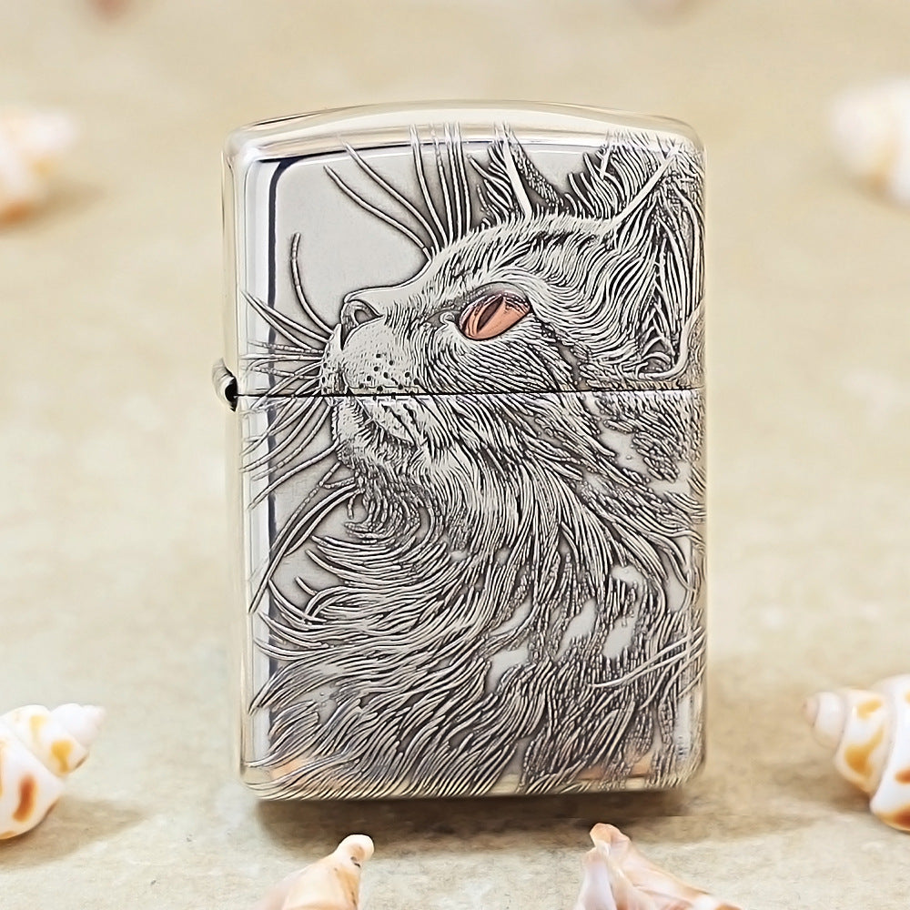 Zippo Sterling Argent Exquisite Engraved Looking Up Cat Spirit Flame - SS03