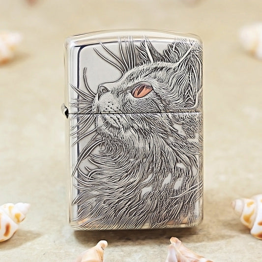 Zippo Sterling Argent Exquisite Engraved Looking Up Cat Spirit Flame - SS03