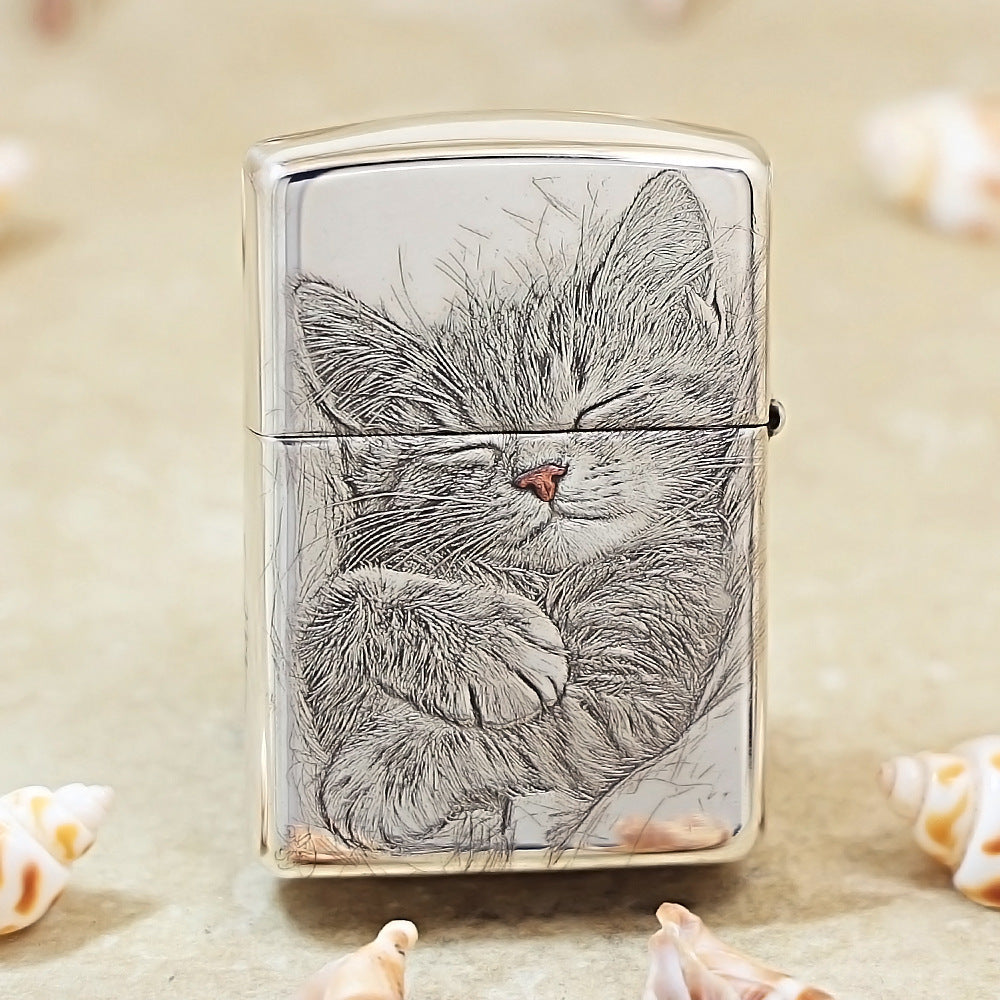 Zippo Sterling Argent Exquisite Engraved Looking Up Cat Spirit Flame - SS03