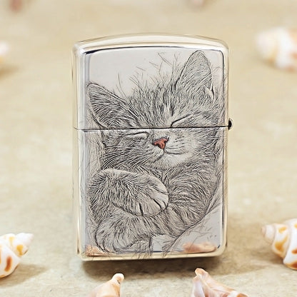 Zippo Sterling Argent Exquisite Engraved Looking Up Cat Spirit Flame - SS03
