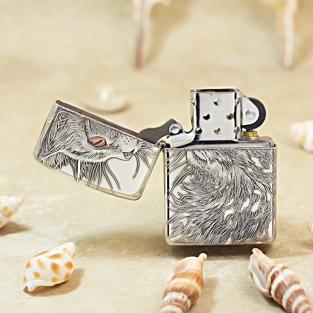 Zippo Sterling Argent Exquisite Engraved Looking Up Cat Spirit Flame - SS03