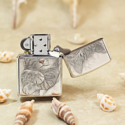 Zippo Sterling Argent Exquisite Engraved Looking Up Cat Spirit Flame - SS03