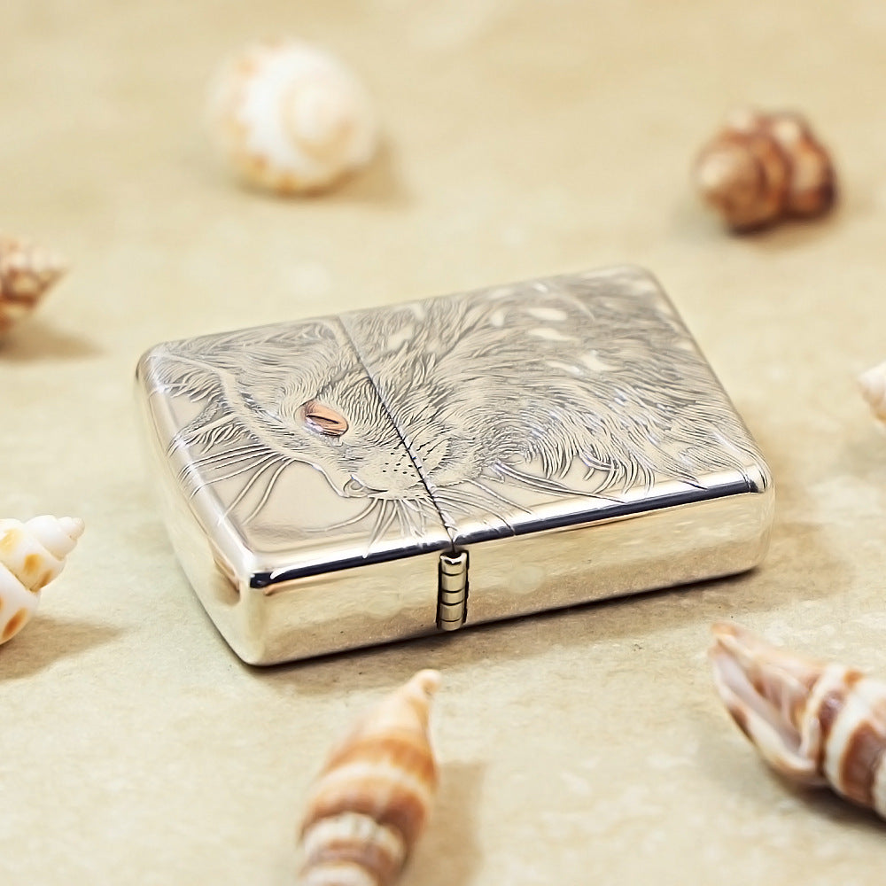 Zippo Sterling Argent Exquisite Engraved Looking Up Cat Spirit Flame - SS03