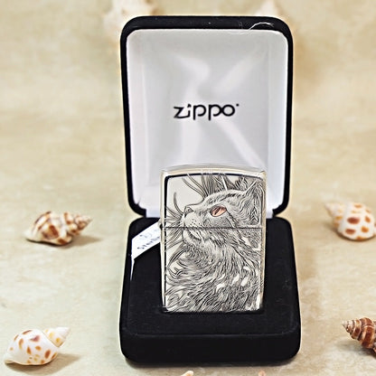 Zippo Sterling Argent Exquisite Engraved Looking Up Cat Spirit Flame - SS03
