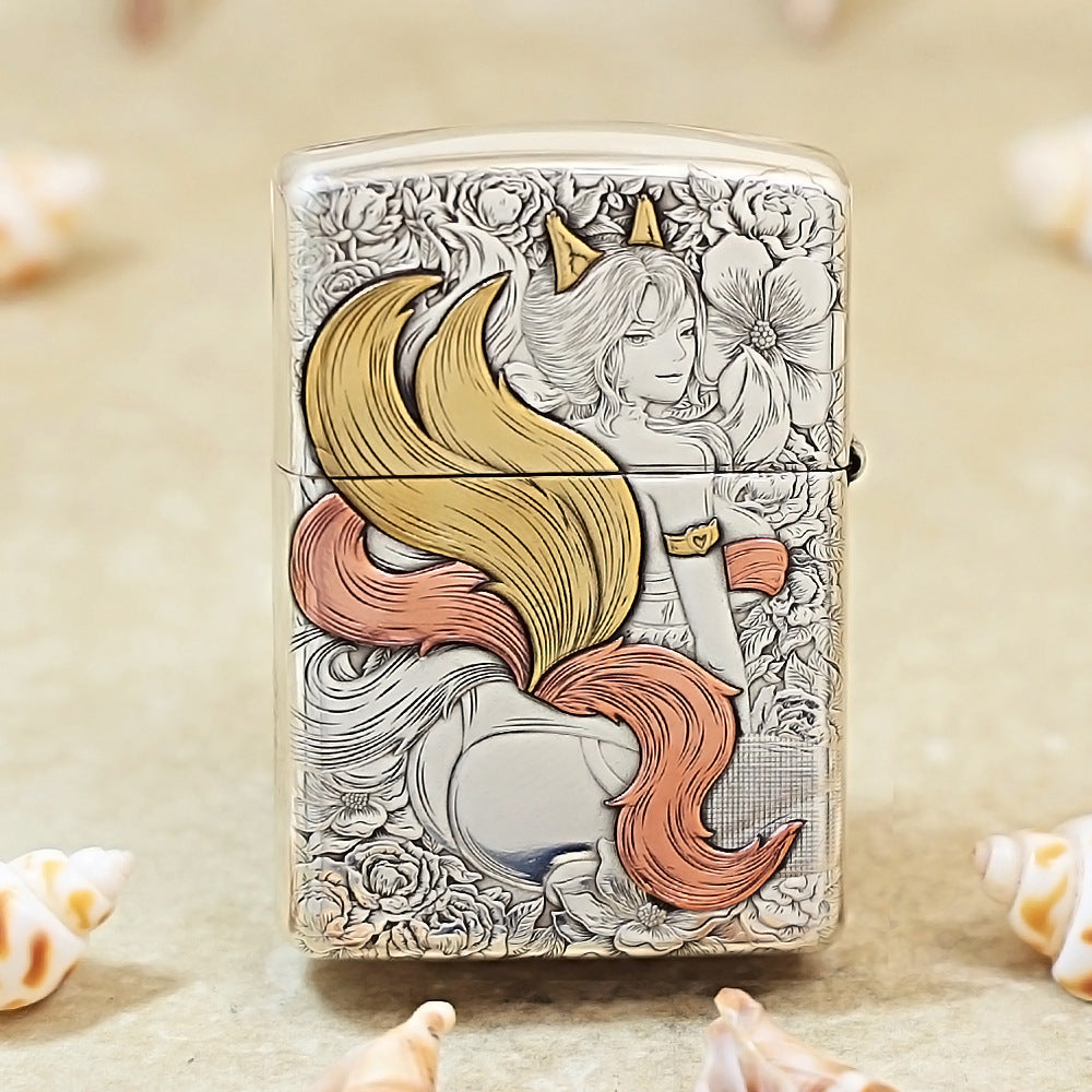 Zippo Sterling Argent Exquisite Engraved Sexy Nine-Tailed Fox Spirit Flame - SS01