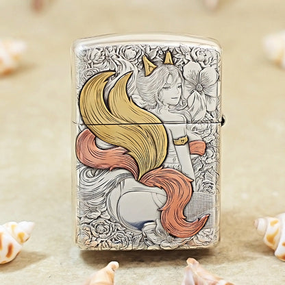 Zippo Sterling Argent Exquisite Engraved Sexy Nine-Tailed Fox Spirit Flame - SS01