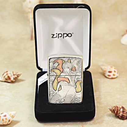 Zippo Sterling Argent Exquisite Engraved Sexy Nine-Tailed Fox Spirit Flame - SS01