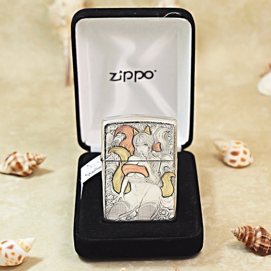 Zippo Sterling Argent Exquisite Engraved Sexy Nine-Tailed Fox Spirit Flame - SS01