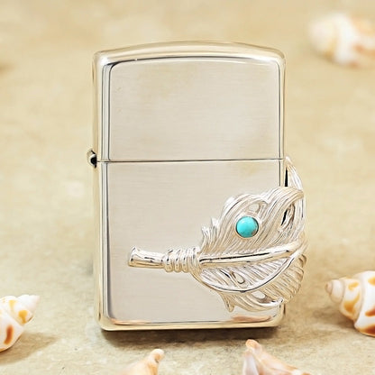 Zippo Sterling Argent Feather with Blue Turquoise Medallion Flame - SS02