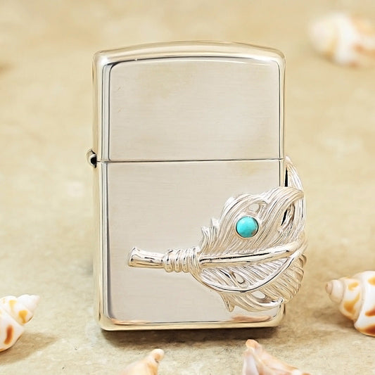 Zippo Sterling Argent Feather with Blue Turquoise Medallion Flame - SS02