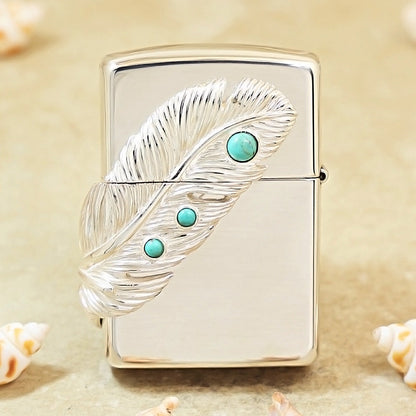 Zippo Sterling Argent Feather with Blue Turquoise Medallion Flame - SS02