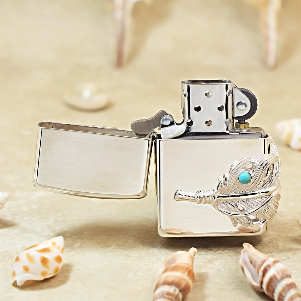 Zippo Sterling Argent Feather with Blue Turquoise Medallion Flame - SS02