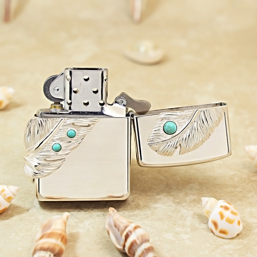 Zippo Sterling Argent Feather with Blue Turquoise Medallion Flame - SS02