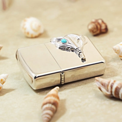 Zippo Sterling Argent Feather with Blue Turquoise Medallion Flame - SS02