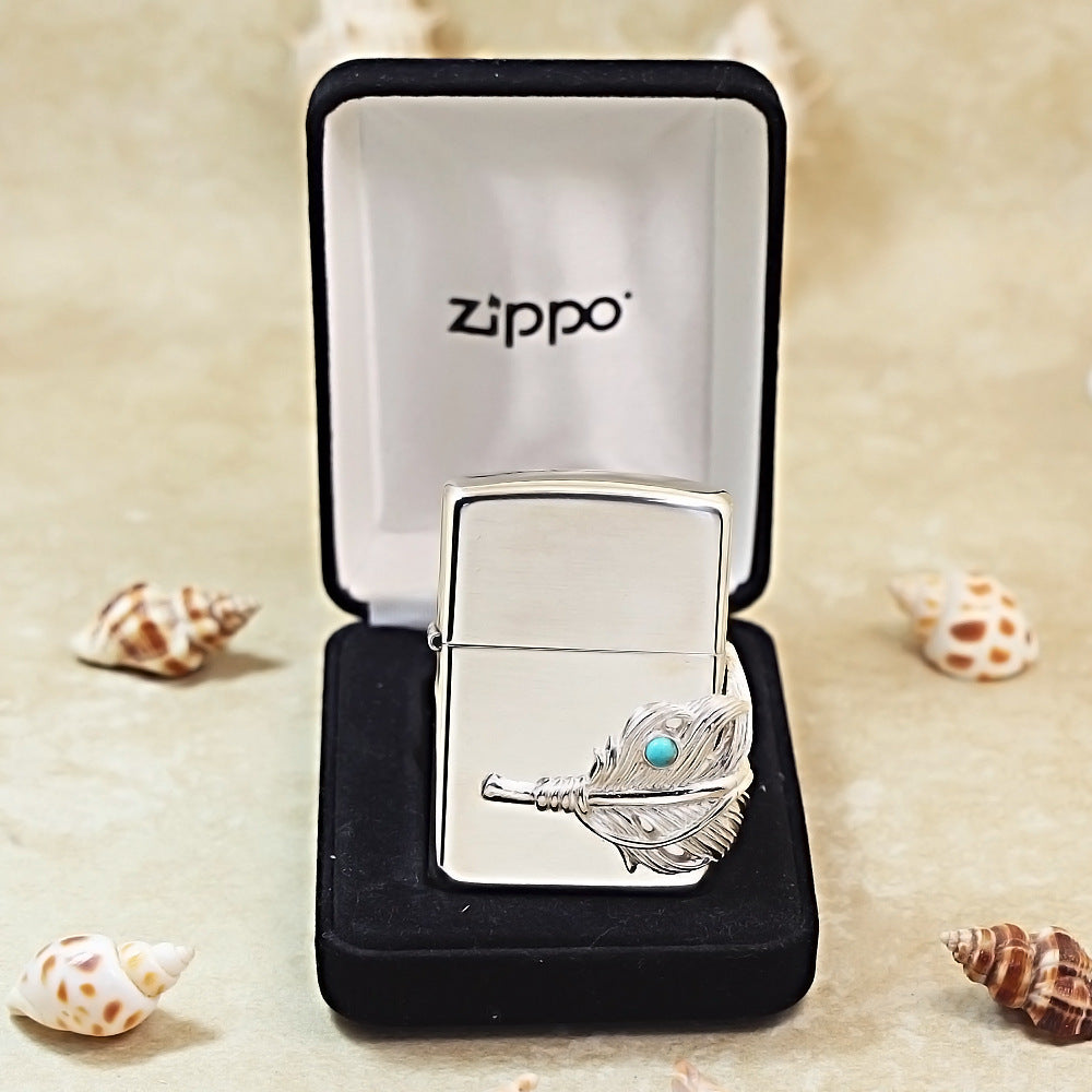 Zippo Sterling Argent Feather with Blue Turquoise Medallion Flame - SS02