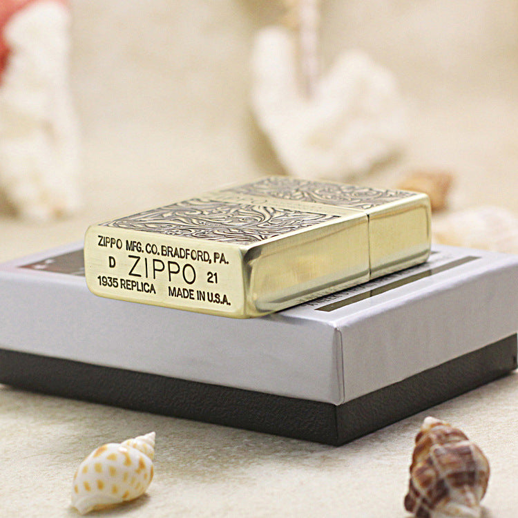 Zippo 1935 Flat Top Bronze Intricate Engraved Arabesque Scroll - CC117