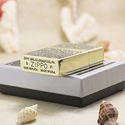 Zippo 1935 Flat Top Bronze Intricate Engraved Arabesque Scroll - CC117