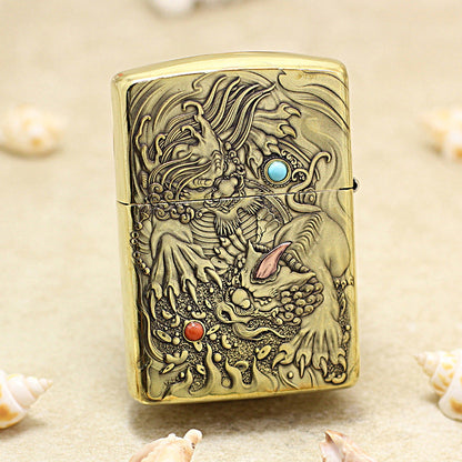 Zippo Vintage Bronze Complete Chiseled Pixiu Double Gemstone - CC112