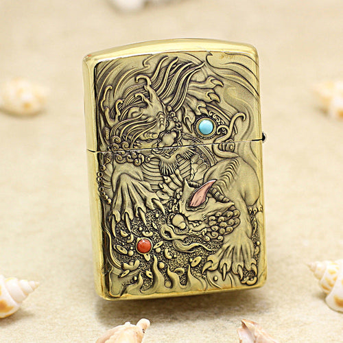 Zippo Vintage Bronze Complete Chiseled Pixiu Double Gemstone - CC112