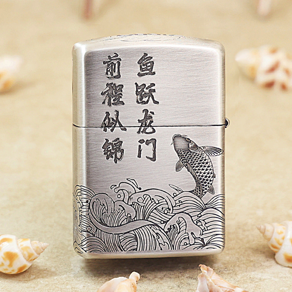 Zippo Vintage Argent & Gold-Layered 'Carp Leaping Over the Serpent Gate' - 162-DS54