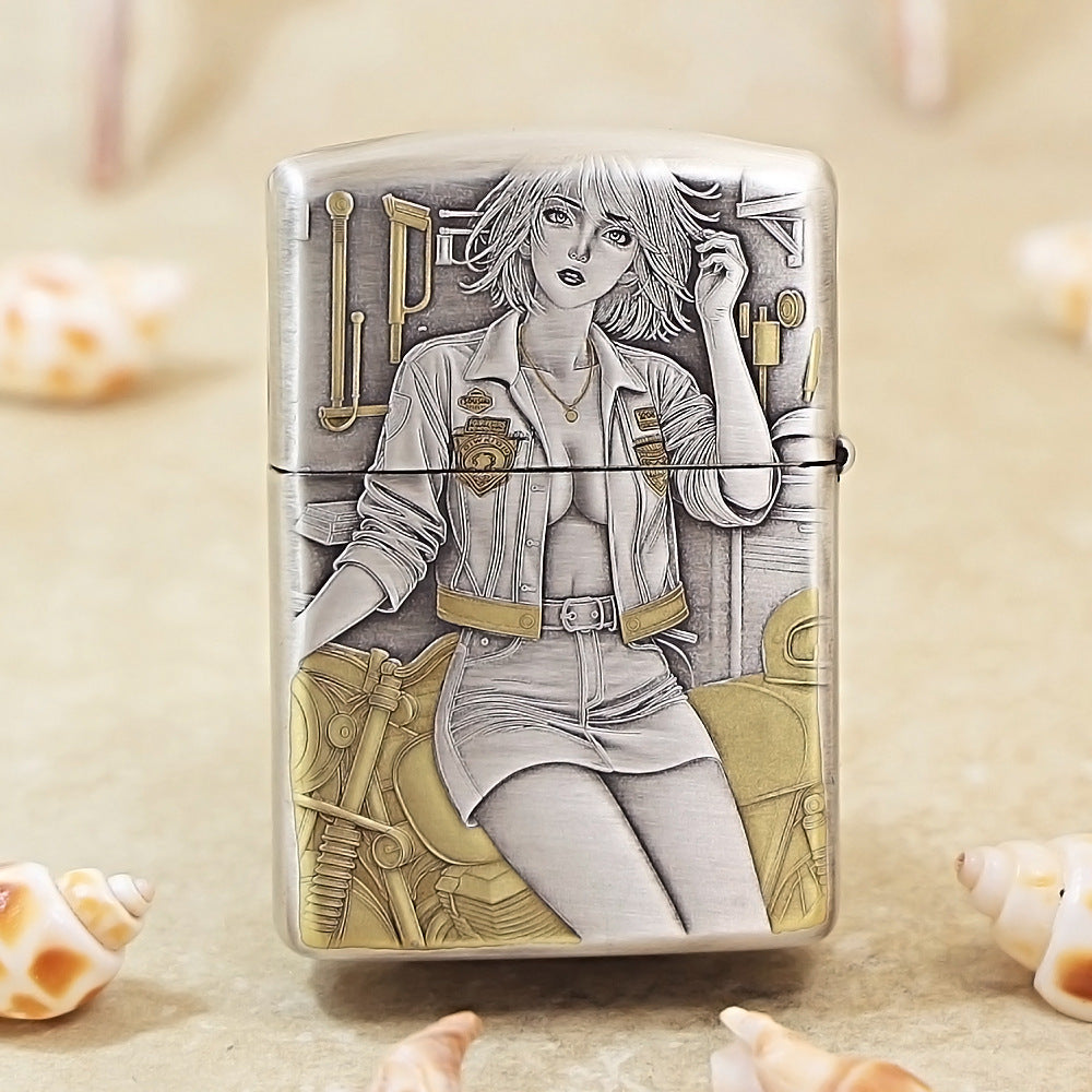 Zippo Vintage Argent Two-Finish 'Motorcycle Girl' - 162-DS67