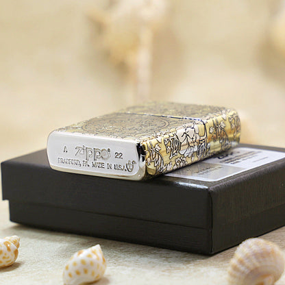 Zippo Textured Bronze Intricate Engraved Peony and Botanical Scrollwork - SC21