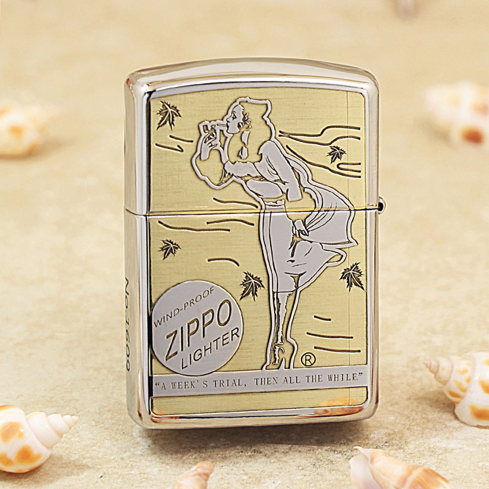 Zippo Textured Steel Intricate Chiseled Pin-Up Maiden Smoking in the Wind - SC25