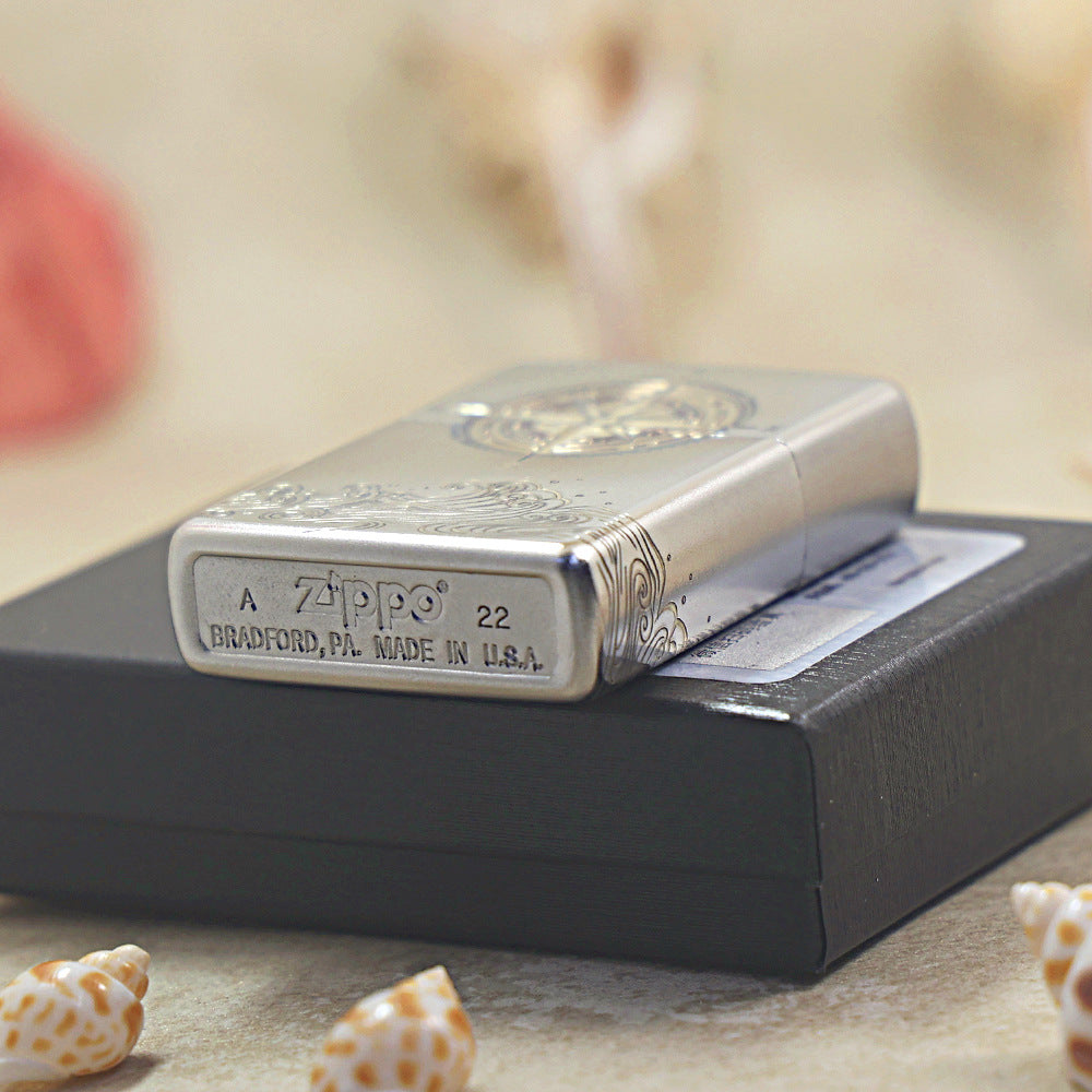 Zippo Textured Steel Two Finish Compass Rose and Waves - SC03