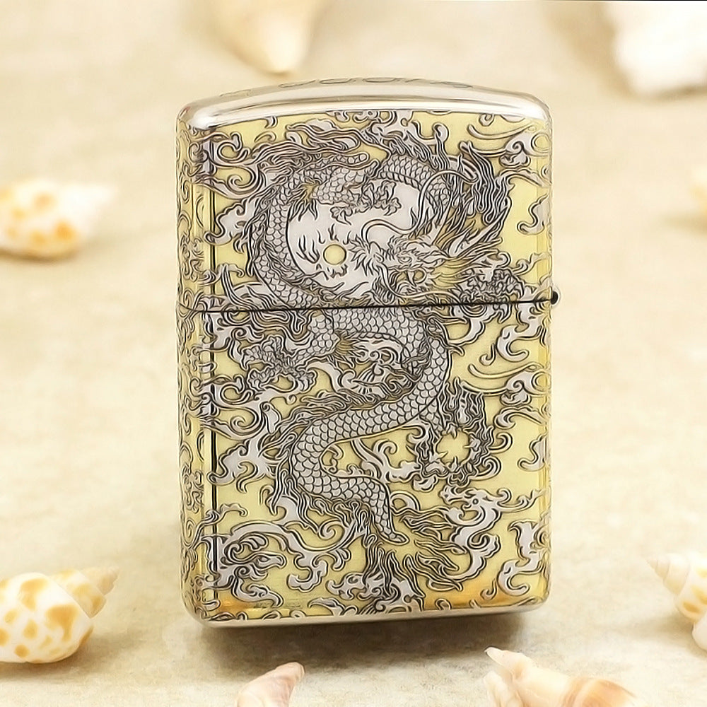 Zippo Gold and Argent Intricate Engraved Coiling Serpent in the Clouds - SC33