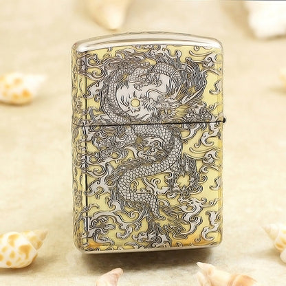 Zippo Gold and Argent Intricate Engraved Coiling Serpent in the Clouds - SC33