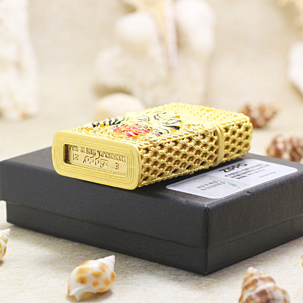 Zippo Solid 3d-embossed Gold Filigree Winged Tiger Case Bundle - CM53