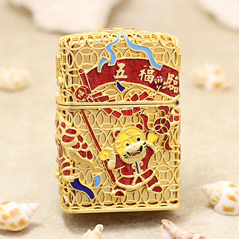 Zippo Solid 3d-embossed Gold Lion Dance and Tiger Zodiac Case Bundle - CM23