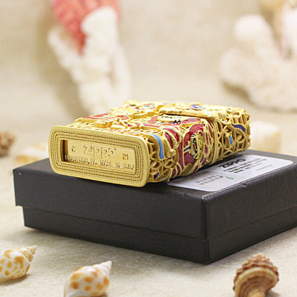 Zippo Solid 3d-embossed Gold Lion Dance and Tiger Zodiac Case Bundle - CM23