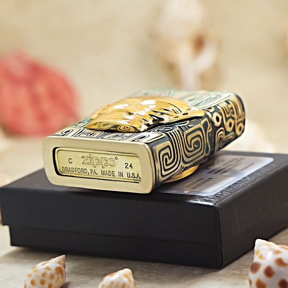 Zippo Solid 3d-embossed Sanxingdui Golden Mask and Bronze Patina Case Bundle - CM25