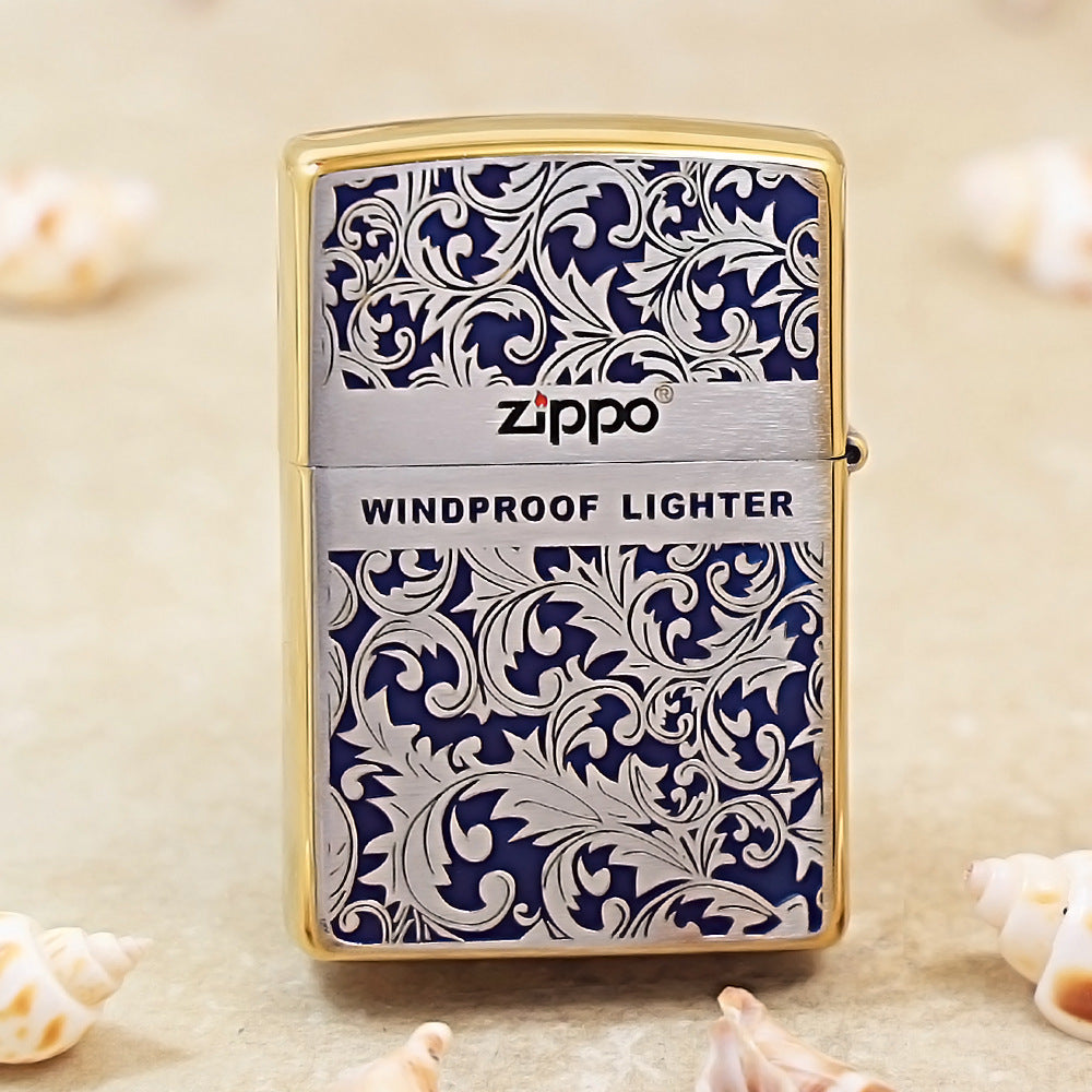 Zippo Premium Shine Bronze Blue Hue Filled Arabesque Scroll - CS05