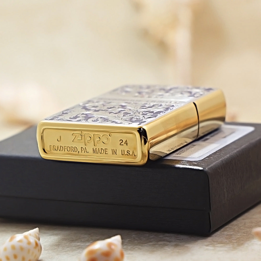 Zippo Premium Shine Bronze Blue Hue Filled Arabesque Scroll - CS05