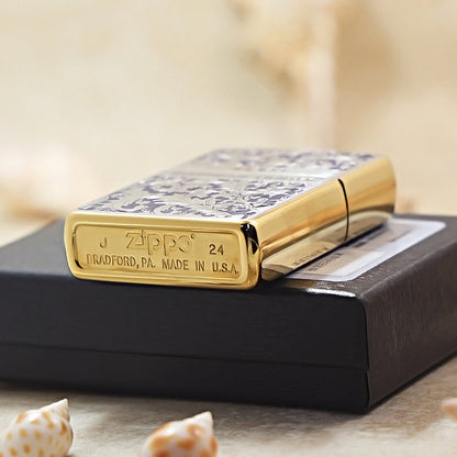 Zippo Premium Shine Bronze Blue Hue Filled Arabesque Scroll - CS05