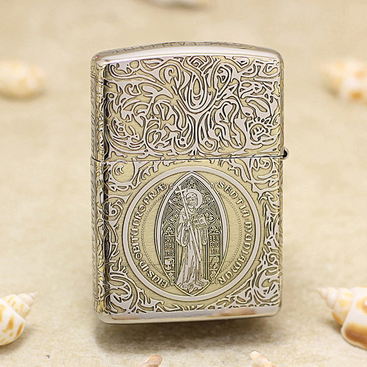 Zippo Premium Shine Bronze Intricate Engraved Saint Benedict Crucifix and Angel - SC05