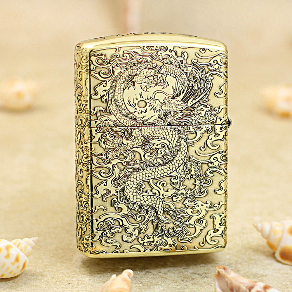 Zippo Premium Shine Bronze Intricate Chiseled Flying Serpent in Sky - CC163