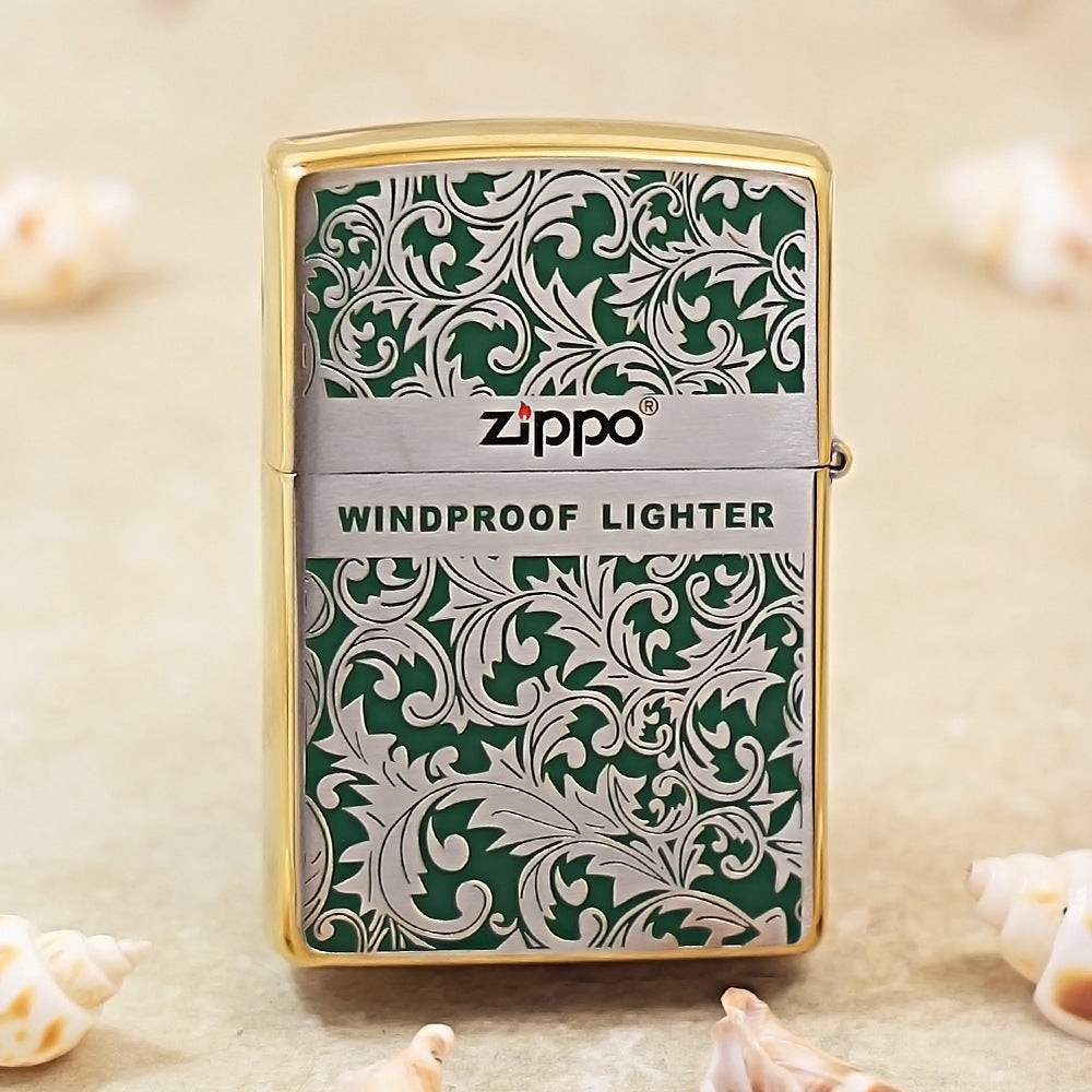 Zippo Premium Shine Bronze Green Hue Filled Arabesque Scroll - CS14