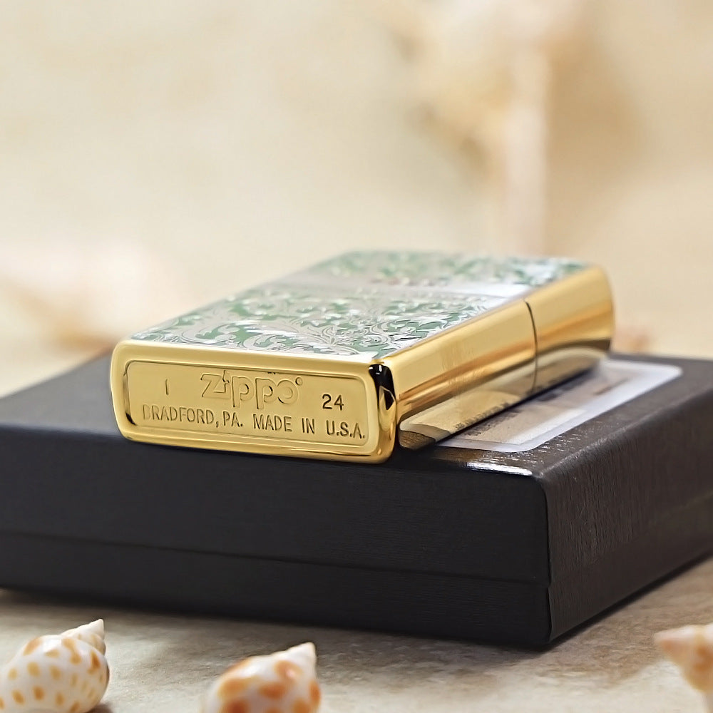 Zippo Premium Shine Bronze Green Hue Filled Arabesque Scroll - CS14