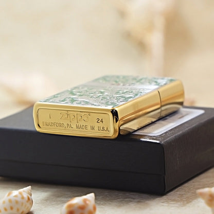 Zippo Premium Shine Bronze Green Hue Filled Arabesque Scroll - CS14