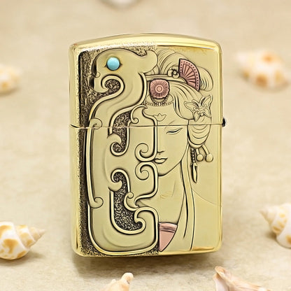 Zippo Premium Shine Bronze Mulan Serpent Jade Carving Medallion - CC111