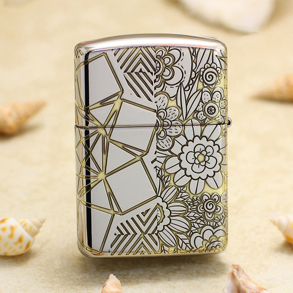 Zippo Premium Shine Steel Intricate Engraved Geometric Split Face Tiger - SC11