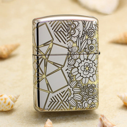 Zippo Premium Shine Steel Intricate Engraved Geometric Split Face Tiger - SC11