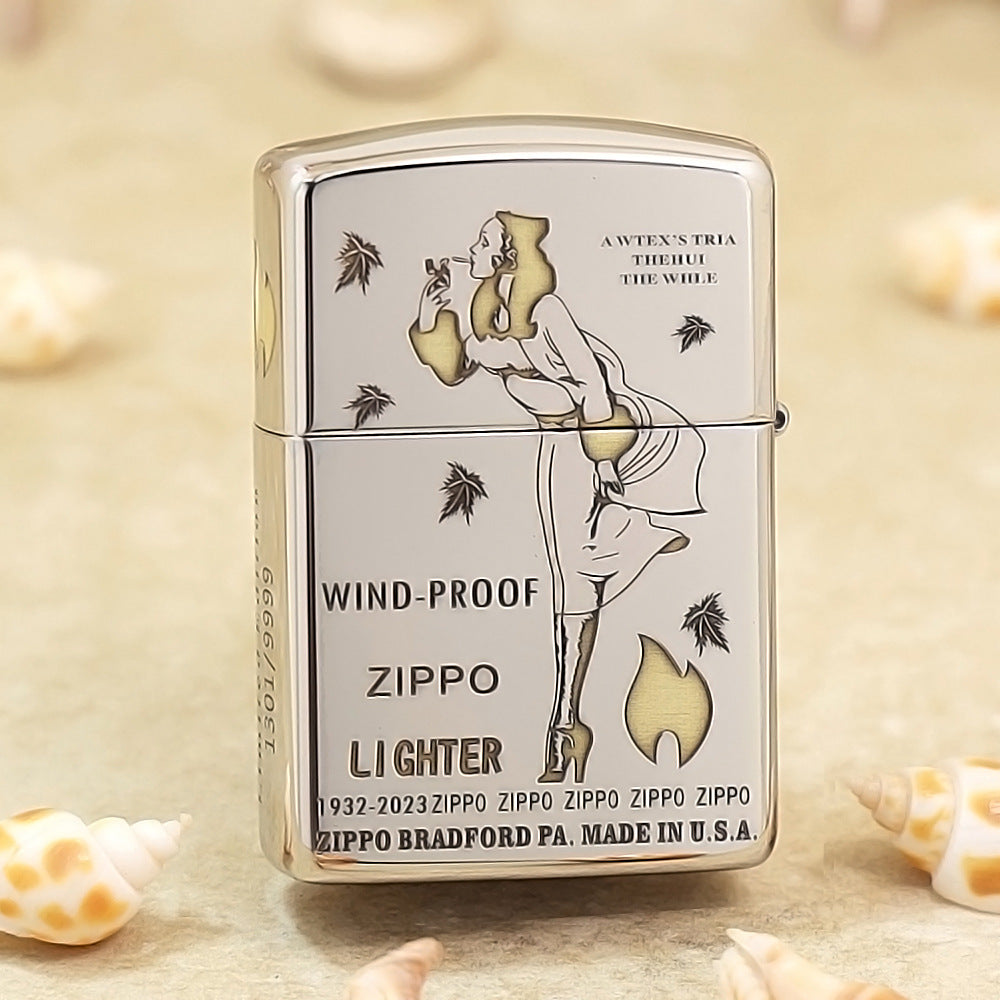 Zippo Premium Shine Steel Chiseled Pin-Up Maiden with Falling Leaves - SC04