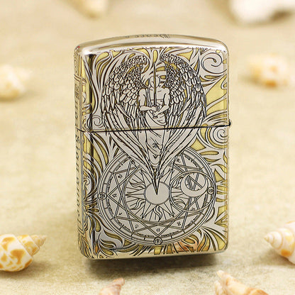Zippo Argent and Gold Intricate Engraved Winged Figure and Sacred Geometry - SC32