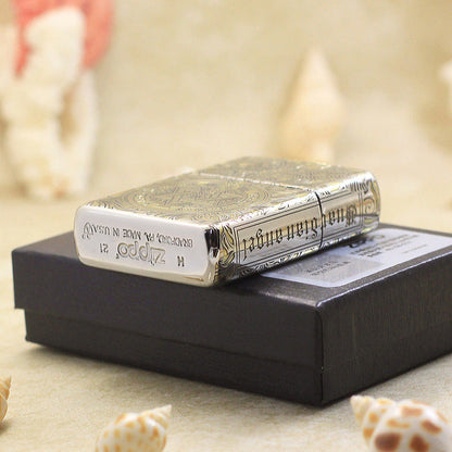 Zippo Argent and Gold Intricate Engraved Winged Figure and Sacred Geometry - SC32