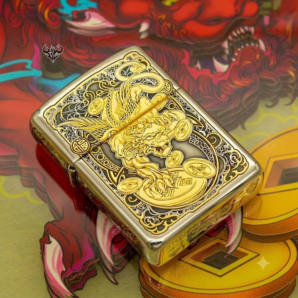 Zippo Sterling Silver Armor Lighter - Handcrafted 24K Gold-Gilded Pixiu