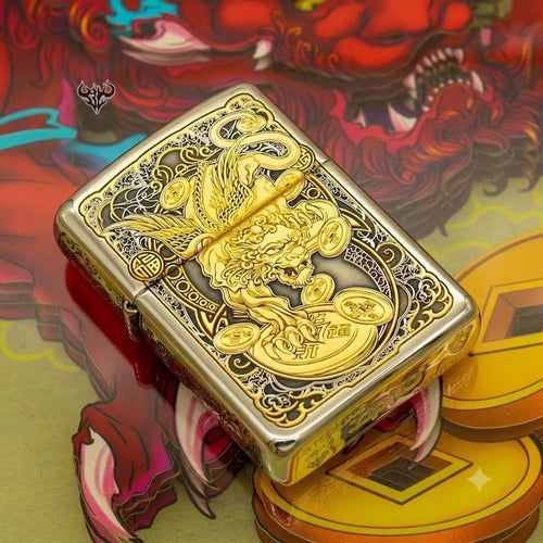 Zippo Sterling Silver Armor Lighter - Handcrafted 24K Gold-Gilded Pixiu